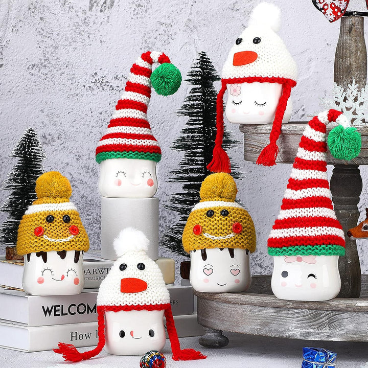 6 Pieces Christmas Marshmallow Mug Hat Crochet Marshmallow Mug Toppers Hat Display for Christmas Winter Tray Decor(Cute Style)
