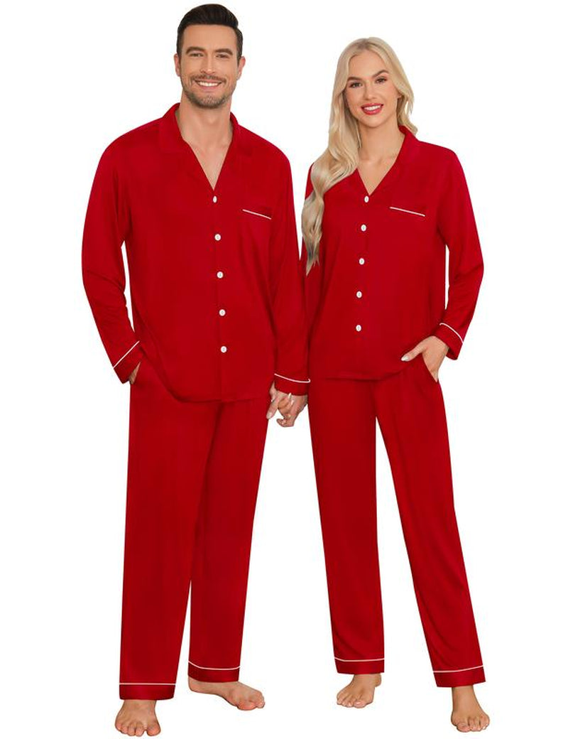SWOMOG Matching Couple Christmas Pajamas Set Modal Long Sleeve Button-Down Sleepwear Family Clothing Sets Pants Womenswear Breathable Suits Red Elastic Black Casual