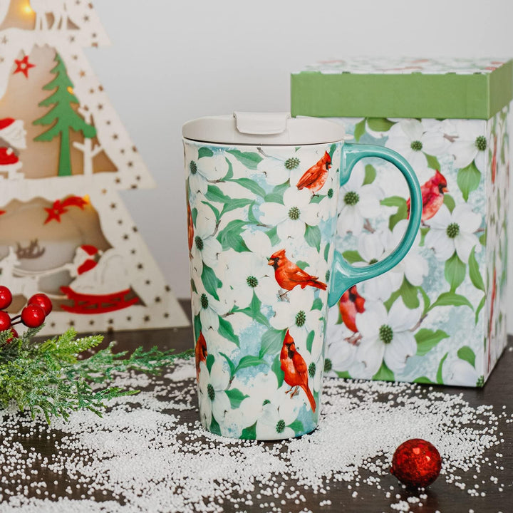 Coffee Ceramic Mug Christmas Mug Porcelain Latte Tea Cup with Lid in Box 17Oz., Cardinal Bird