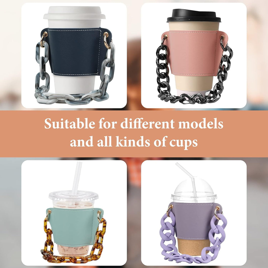 Coffee Sleeves Reusable Coffee Cup Holder with Handle，Decorative Chain to Carry, PU Leather Cup Sleeve, Stylish Cold Drink Holder Portable Cup for Latte Tea Starbucks, Mccafedunkin Donuts