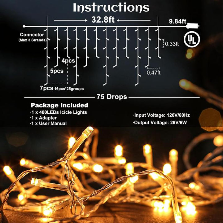 400 LED 33Ft Warm White Icicle Christmas Lights Outdoor Waterproof Curtain String Lights with 8 Modes for Holiday Home Party Decor