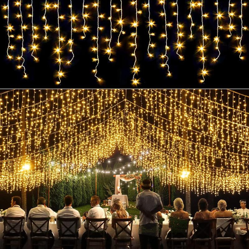 400 LED 33Ft Warm White Icicle Christmas Lights Outdoor Waterproof Curtain String Lights with 8 Modes for Holiday Home Party Decor