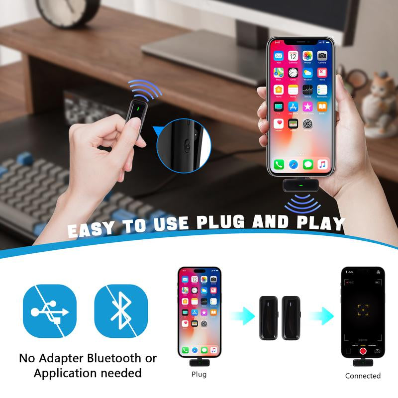 Wireless Microphone for Iphone, Ipad,, Lavalier Microphone for Video Recording - ASMR, Tiktok Audio Smartphone Professional Lapel Live Streaming Rechargeable Omnidirectional
