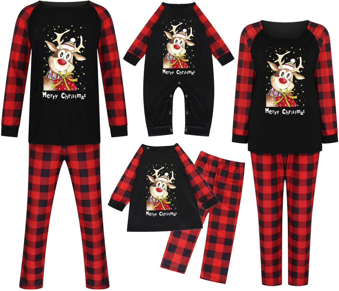 Family Christmas Reindeer Matching Sets, Christmas Pajamas for Family Plaid Sleepwear Pant Matching Xmas Pjs for Family