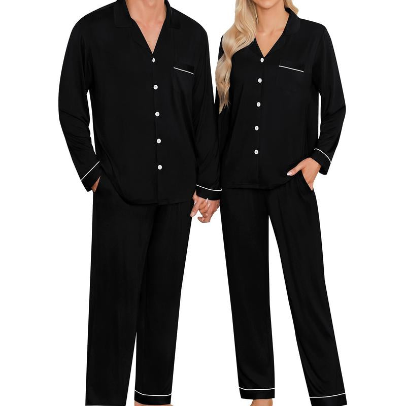 SWOMOG Matching Couple Christmas Pajamas Set Modal Long Sleeve Button-Down Sleepwear Family Clothing Sets Pants Womenswear Breathable Suits Red Elastic Black Casual