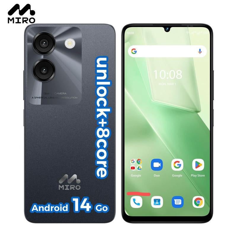 MIRO A67 Smartphone - Unlocked Android 14 Go Edition with 6.75" HD+ Display, 8-Core Processor, 4000Mah Battery, Bluetooth Charging, Dual Microphones, FM Radio, GPS, G-Sensor, L-Sensor, Virtual P-Sensor, E-Compass - Cellphone