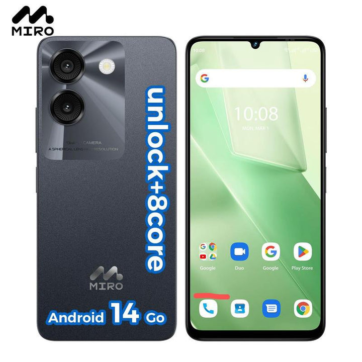 MIRO A67 Smartphone - Unlocked Android 14 Go Edition with 6.75" HD+ Display, 8-Core Processor, 4000Mah Battery, Bluetooth Charging, Dual Microphones, FM Radio, GPS, G-Sensor, L-Sensor, Virtual P-Sensor, E-Compass - Cellphone