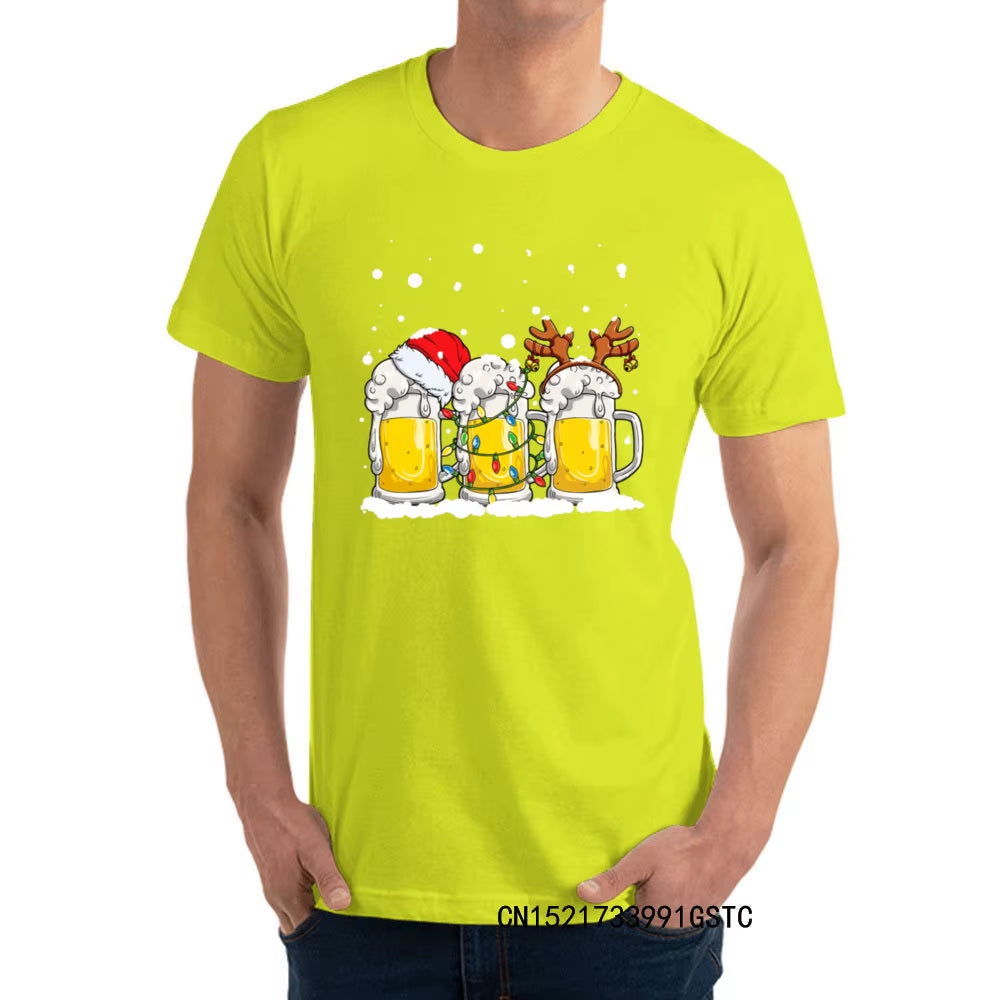 Fashionable Beer Christmas Mug Santa Reinbeer Xmas Lights T-Shirts for Men Popular O Neck Premium Cotton T-Shirts Fashion Tees