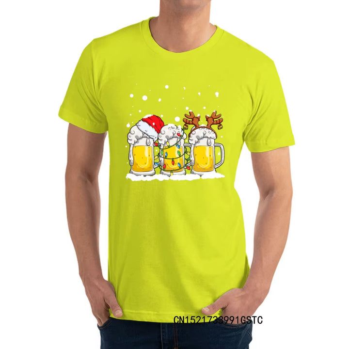 Fashionable Beer Christmas Mug Santa Reinbeer Xmas Lights T-Shirts for Men Popular O Neck Premium Cotton T-Shirts Fashion Tees