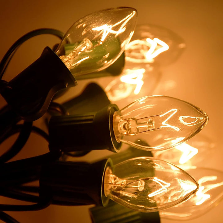 C7 Christmas String Lights, 25Ft Vintage Clear Lights with 27 Clear Incandescent Bulbs (2 Spare), Outdoor String Lights for Backyard Wedding Christmas Party, Green Wire