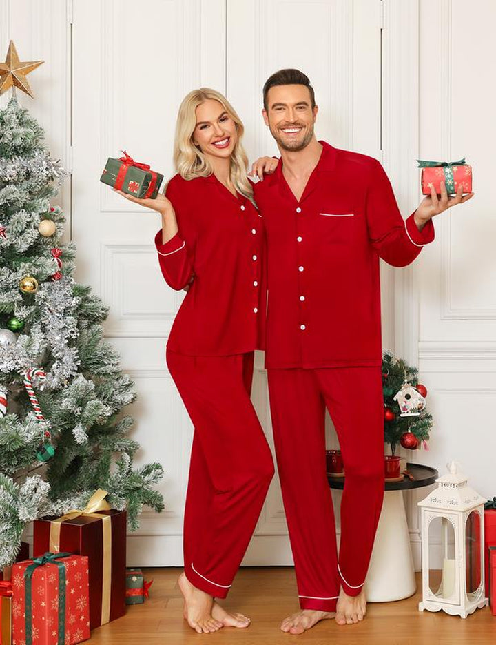 SWOMOG Matching Couple Christmas Pajamas Set Modal Long Sleeve Button-Down Sleepwear Family Clothing Sets Pants Womenswear Breathable Suits Red Elastic Black Casual