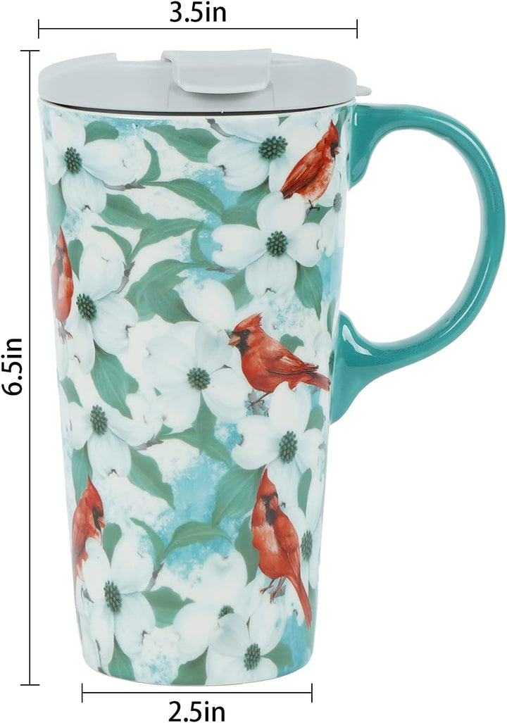 Coffee Ceramic Mug Christmas Mug Porcelain Latte Tea Cup with Lid in Box 17Oz., Cardinal Bird