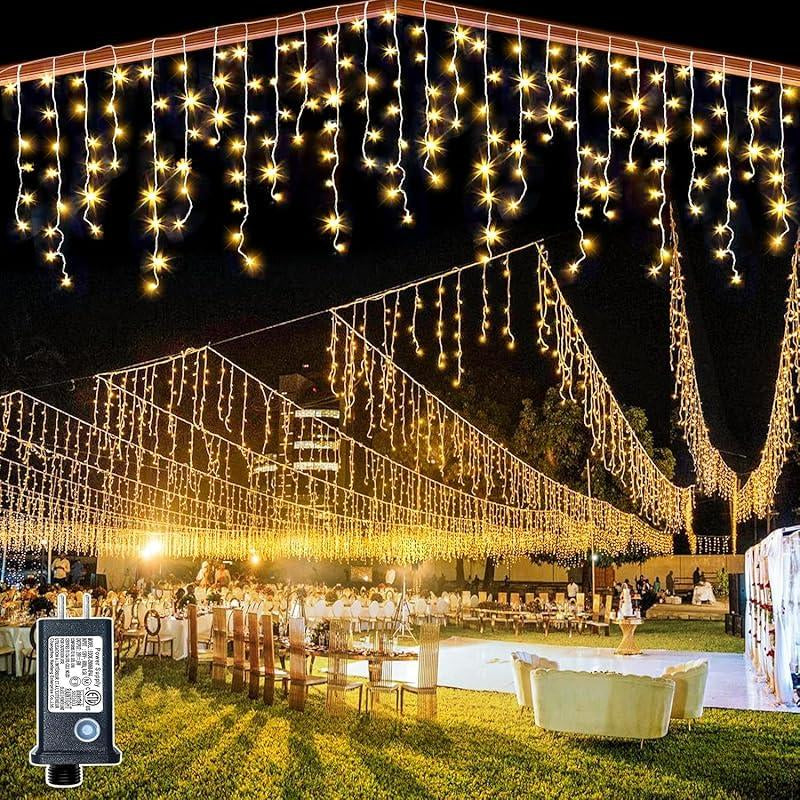 400 LED 33Ft Warm White Icicle Christmas Lights Outdoor Waterproof Curtain String Lights with 8 Modes for Holiday Home Party Decor