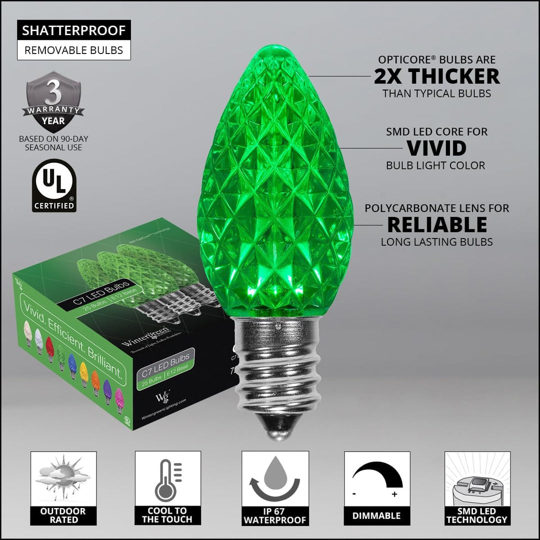 25 C7 Opticore Commercial Green Christmas Lights - Heavy Duty LED Bulbs for St Patrick'S Day, Holiday, Party; 18 Gauge Green Wire (25 Ft)