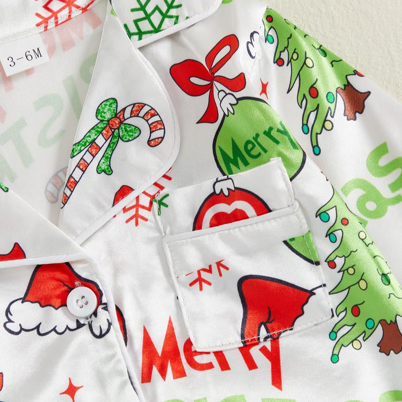 Baby Girl Christmas Pajamas Christmas Element Print Fur Trim Button down Lapel V Neck Long Sleeve Romper