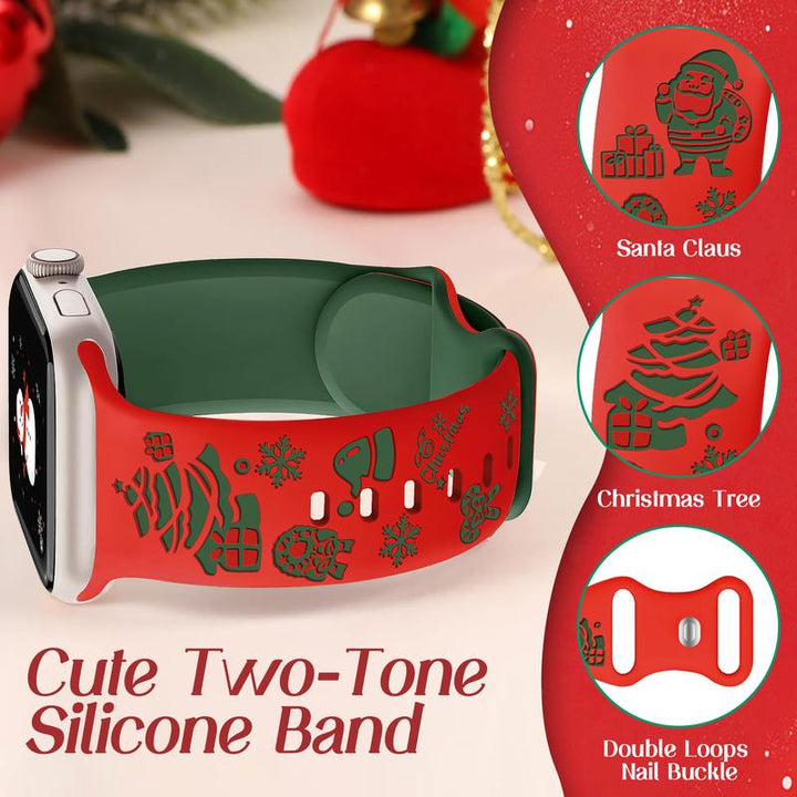 Christmas Engraved Silicone Watch Band Women Compatible with Apple Watch 38/40/41/42Mm(S10) Two-Tone Santa Claus Soft Lightweight Sport Strap for Iwatch Series 10/9/8/7/6/5/4/3/2/1/SE Red/Green Wearable