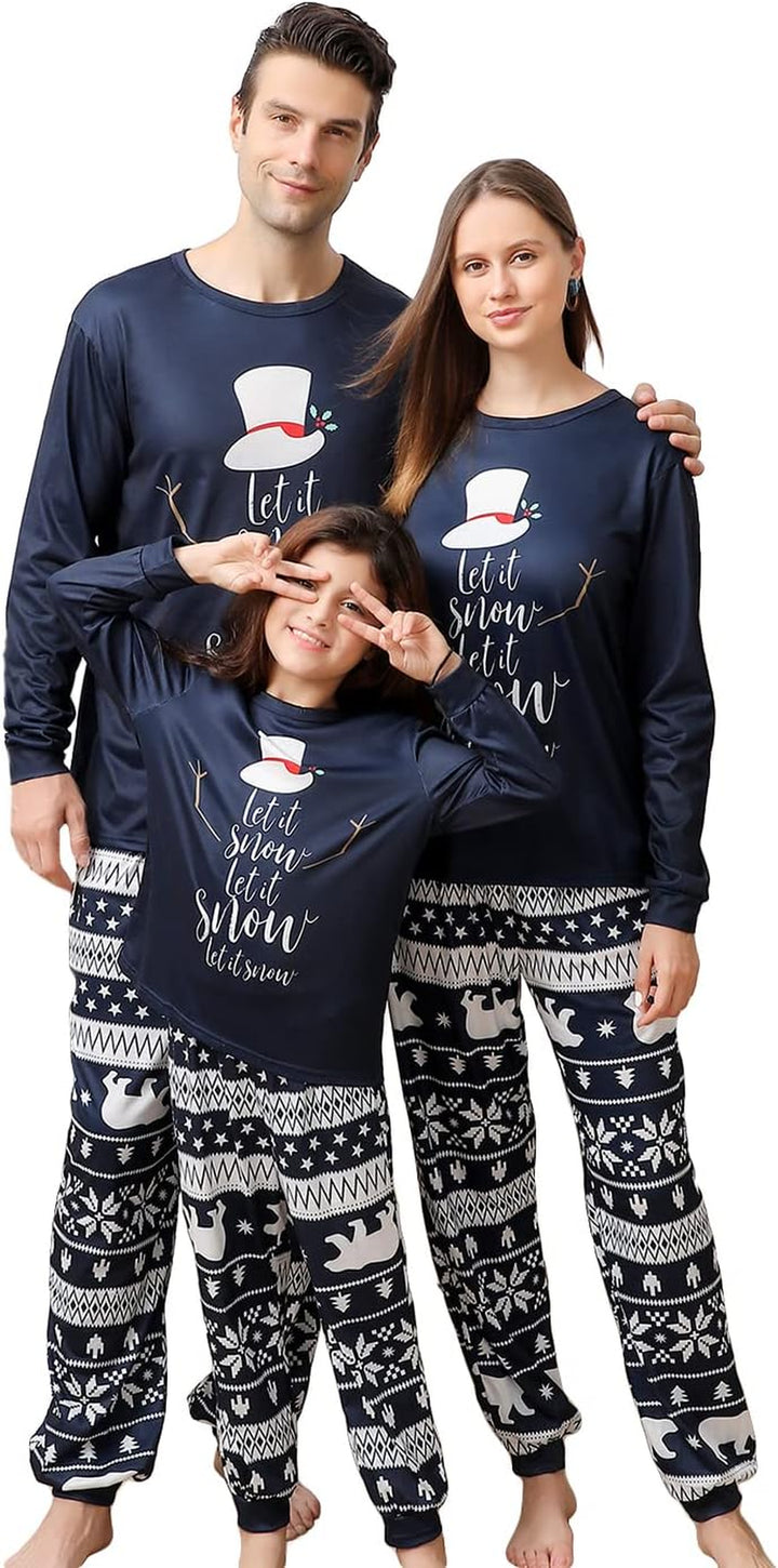 Matching Christmas Pajamas for Family, Funny Holiday Cute Let It Snow Print Tops Plaid Pants Xmas Sleepwear Pjs Set