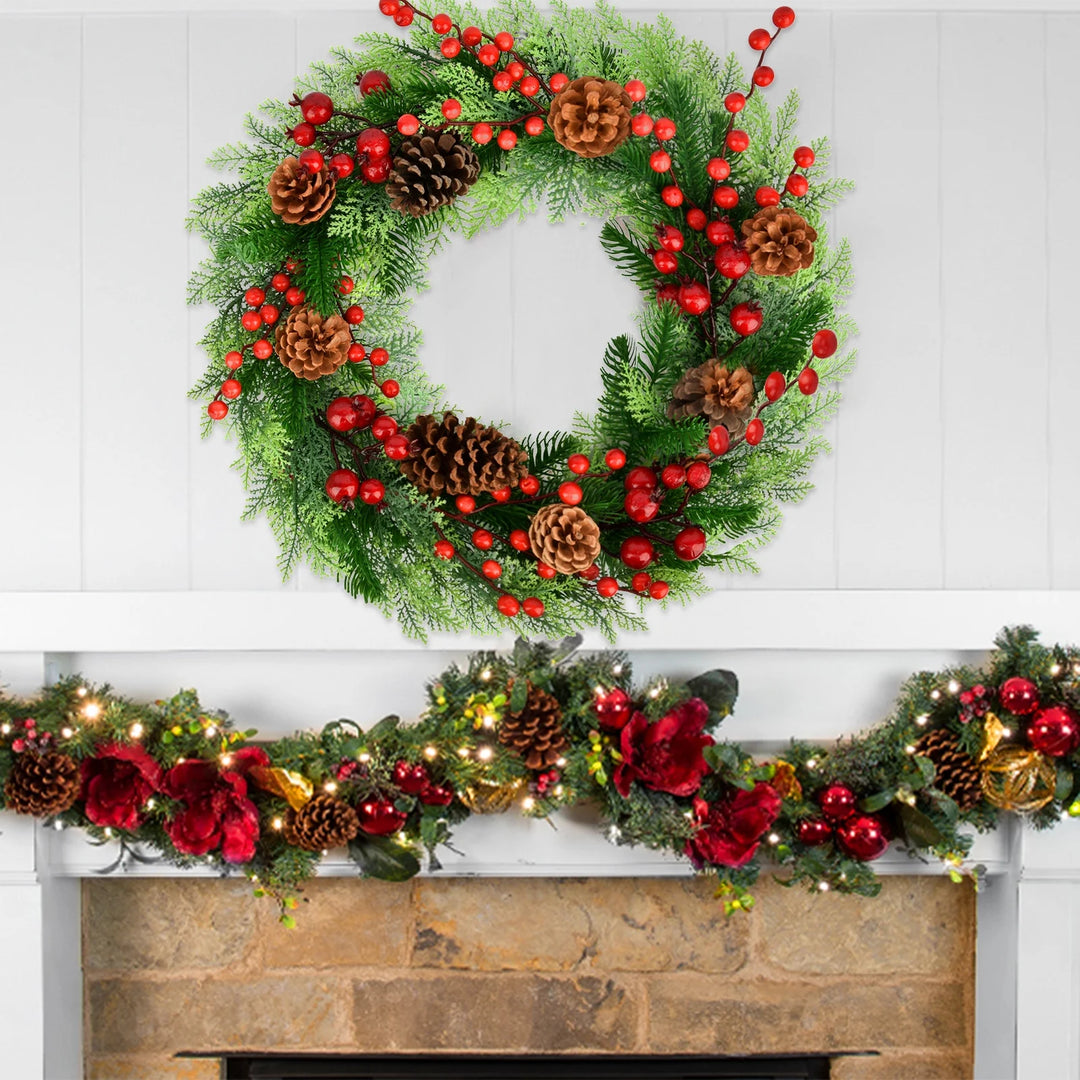 Christmas Wreath,18 Inch Artificial Front Door Wreaths for Hanging Decorations for Home Holiday Indoor/Outdoor Xmas Party Decor Christmas Decoration Simulation Rattan Berry Wreath