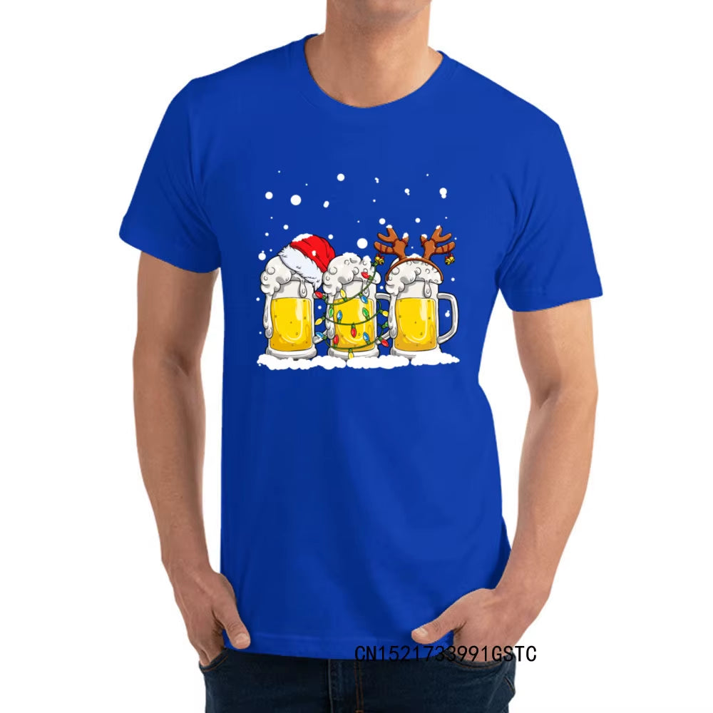 Fashionable Beer Christmas Mug Santa Reinbeer Xmas Lights T-Shirts for Men Popular O Neck Premium Cotton T-Shirts Fashion Tees