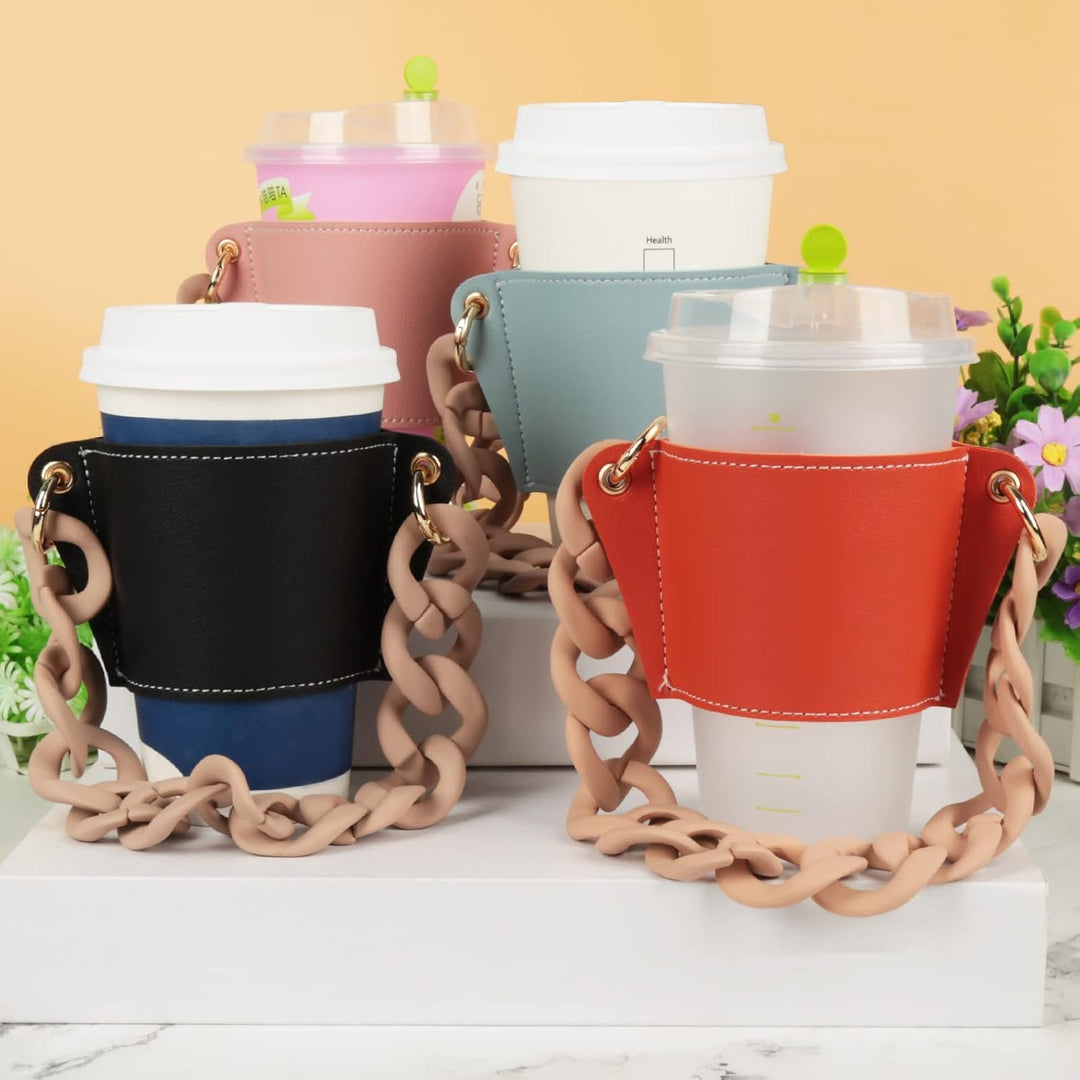 Coffee Sleeves Reusable Coffee Cup Holder with Handle，Decorative Chain to Carry, PU Leather Cup Sleeve, Stylish Cold Drink Holder Portable Cup for Latte Tea Starbucks, Mccafedunkin Donuts