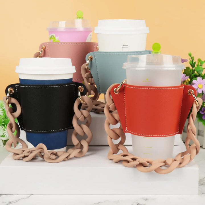 Coffee Sleeves Reusable Coffee Cup Holder with Handle，Decorative Chain to Carry, PU Leather Cup Sleeve, Stylish Cold Drink Holder Portable Cup for Latte Tea Starbucks, Mccafedunkin Donuts