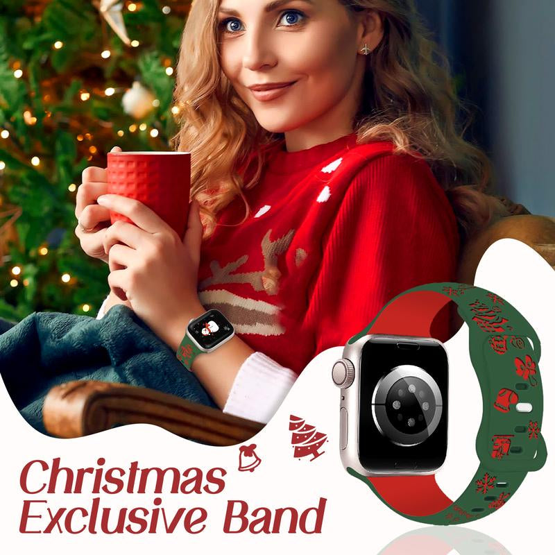 Christmas Engraved Silicone Watch Band Women Compatible with Apple Watch 38/40/41/42Mm(S10) Two-Tone Santa Claus Soft Lightweight Sport Strap for Iwatch Series 10/9/8/7/6/5/4/3/2/1/SE Red/Green Wearable