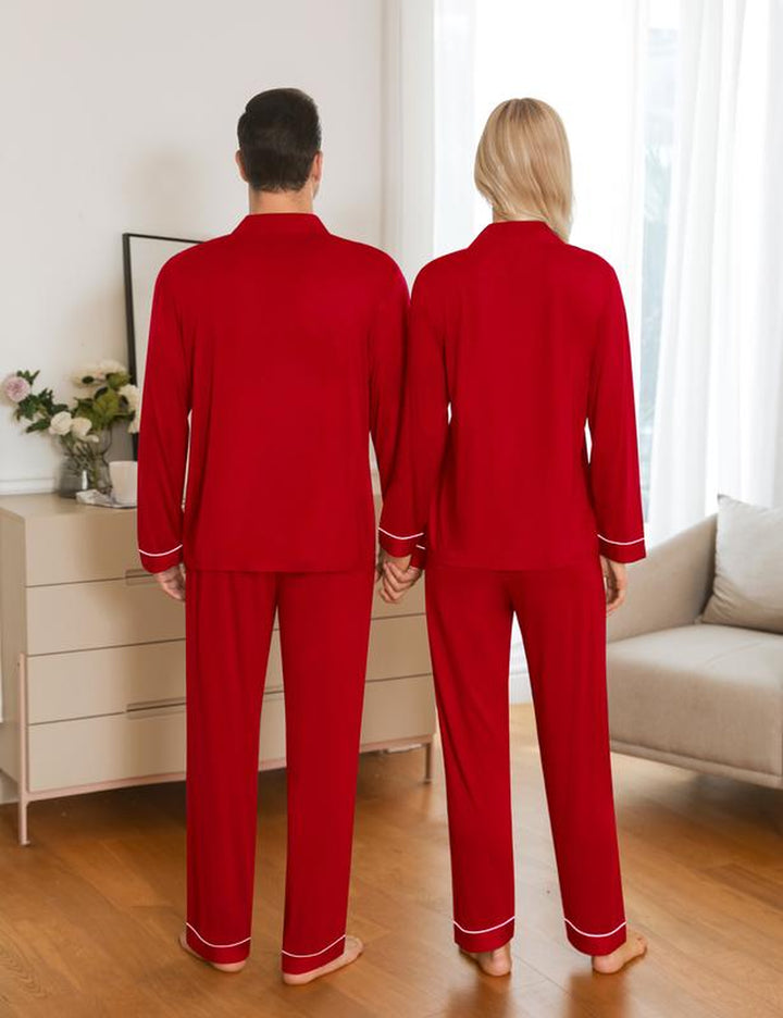 SWOMOG Matching Couple Christmas Pajamas Set Modal Long Sleeve Button-Down Sleepwear Family Clothing Sets Pants Womenswear Breathable Suits Red Elastic Black Casual