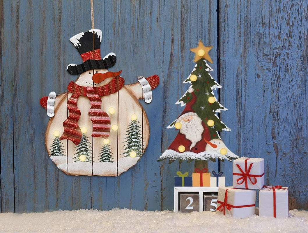 Wooden Hanging Christmas Snowman Sign with LED Bulbs - Wood Decorative Plaques for Wall Door Xmas Tree Ornament Indoor Outdoor Holiday Decor (Snowman A)