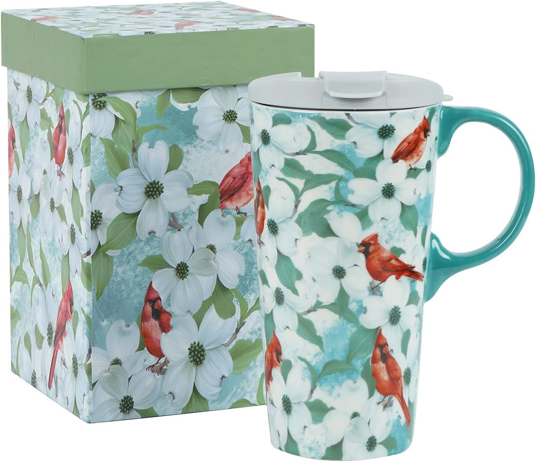 Coffee Ceramic Mug Christmas Mug Porcelain Latte Tea Cup with Lid in Box 17Oz., Cardinal Bird