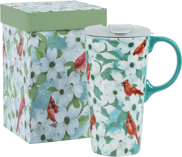 Coffee Ceramic Mug Christmas Mug Porcelain Latte Tea Cup with Lid in Box 17Oz., Cardinal Bird