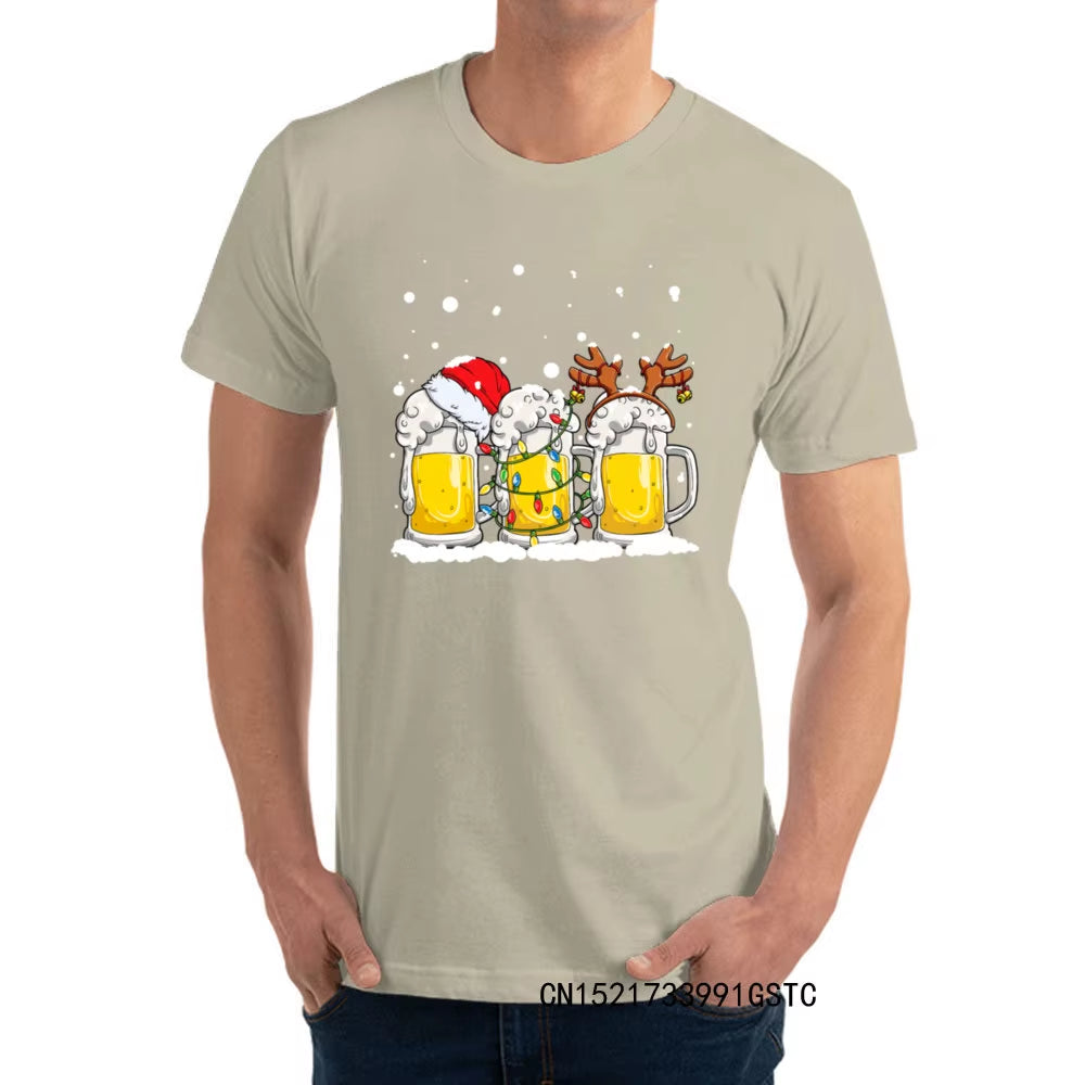 Fashionable Beer Christmas Mug Santa Reinbeer Xmas Lights T-Shirts for Men Popular O Neck Premium Cotton T-Shirts Fashion Tees