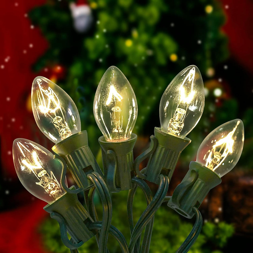 C7 Christmas String Lights, 25Ft Vintage Clear Lights with 27 Clear Incandescent Bulbs (2 Spare), Outdoor String Lights for Backyard Wedding Christmas Party, Green Wire