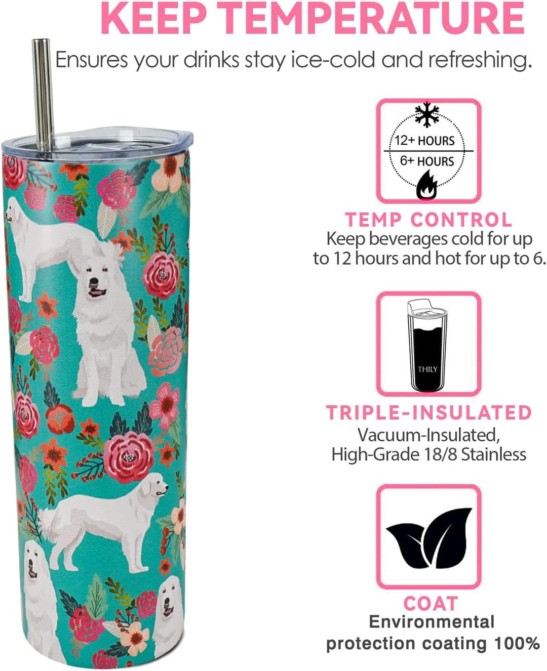 Great Pyrenees Dog 20 Oz Dog Printtumbler,Tumbler with Lid and Straw Travel Cup Stainless Steel Tumbler Coffee Pyrenees Dog Mug for Dog Lover Gifts