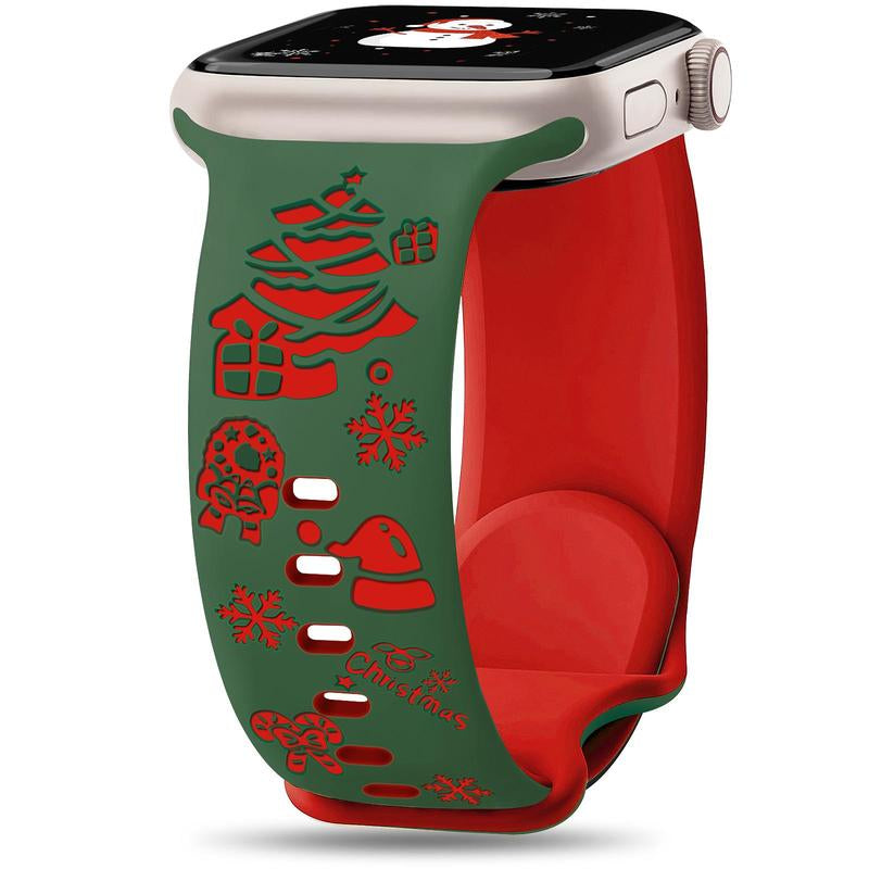 Christmas Engraved Silicone Watch Band Women Compatible with Apple Watch 38/40/41/42Mm(S10) Two-Tone Santa Claus Soft Lightweight Sport Strap for Iwatch Series 10/9/8/7/6/5/4/3/2/1/SE Red/Green Wearable