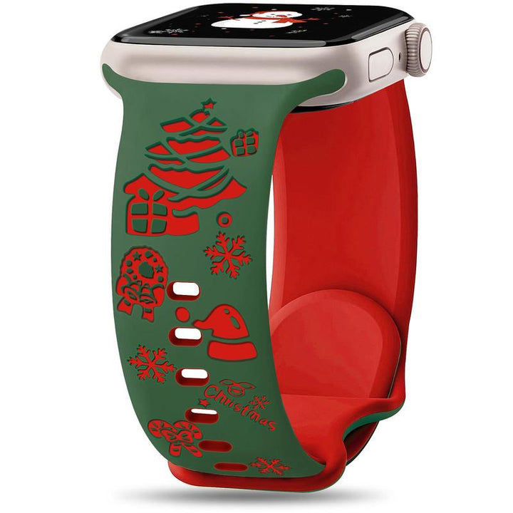 Christmas Engraved Silicone Watch Band Women Compatible with Apple Watch 38/40/41/42Mm(S10) Two-Tone Santa Claus Soft Lightweight Sport Strap for Iwatch Series 10/9/8/7/6/5/4/3/2/1/SE Red/Green Wearable