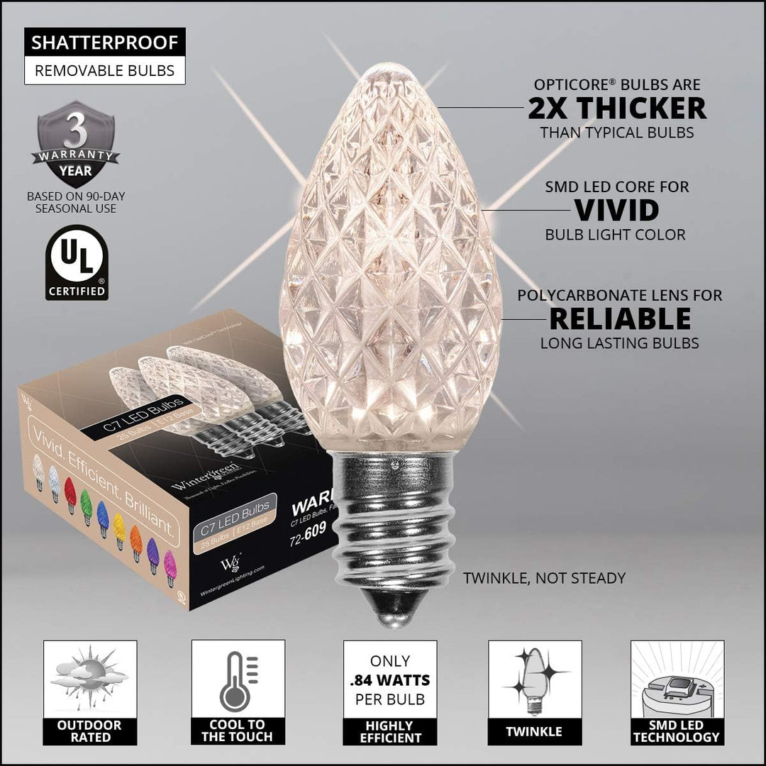 25' Warm White Opticore LED C7 Commercial Christmas Twinkle Lights – LED Christmas Twinkle String Lights, Outdoor Christmas Holiday Lights; Green Wire (25 Lights)