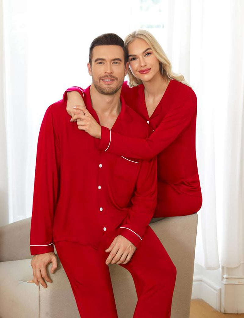 SWOMOG Matching Couple Christmas Pajamas Set Modal Long Sleeve Button-Down Sleepwear Family Clothing Sets Pants Womenswear Breathable Suits Red Elastic Black Casual