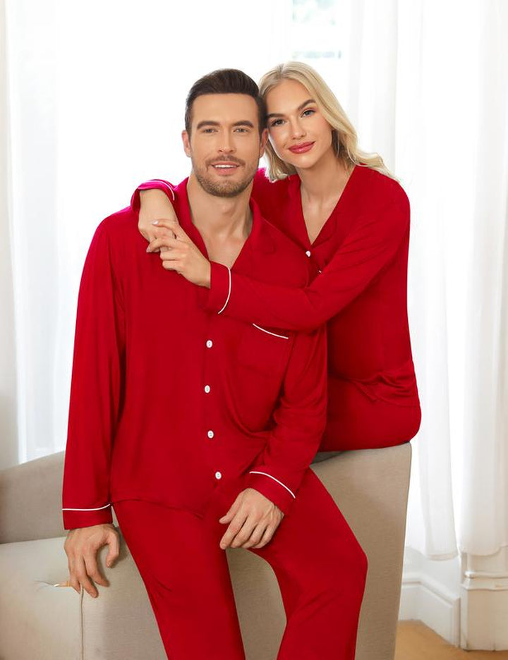 SWOMOG Matching Couple Christmas Pajamas Set Modal Long Sleeve Button-Down Sleepwear Family Clothing Sets Pants Womenswear Breathable Suits Red Elastic Black Casual
