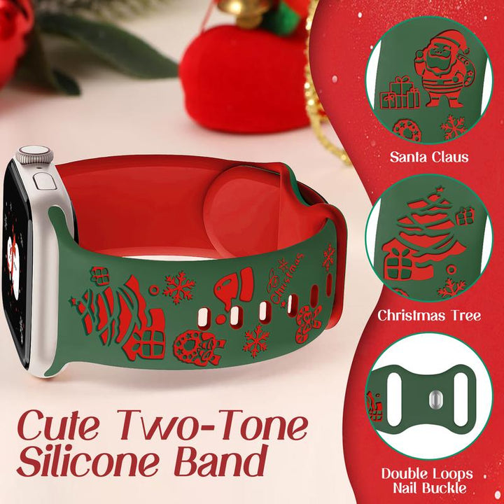 Christmas Engraved Silicone Watch Band Women Compatible with Apple Watch 38/40/41/42Mm(S10) Two-Tone Santa Claus Soft Lightweight Sport Strap for Iwatch Series 10/9/8/7/6/5/4/3/2/1/SE Red/Green Wearable