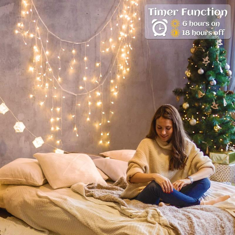 400 LED 33Ft Warm White Icicle Christmas Lights Outdoor Waterproof Curtain String Lights with 8 Modes for Holiday Home Party Decor