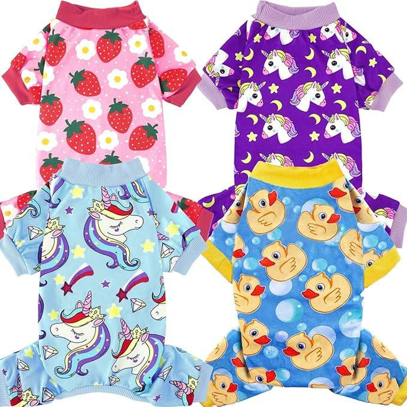 XPUDAC 4 Pieces Duckie & Strawberry Pattern Pajamas for Dogs Cozy Breathable Puppy Onesies Outfits for Doggie Cats Christmas Shirts Sleepwear Poodle Puppy Universal Fit Soft Material Easy Pull-On Design