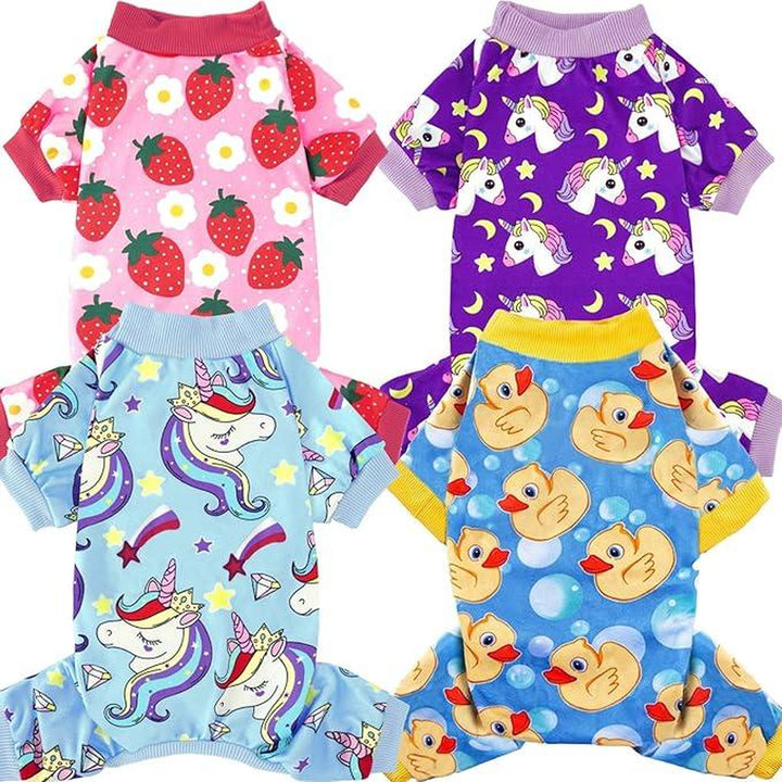 XPUDAC 4 Pieces Duckie & Strawberry Pattern Pajamas for Dogs Cozy Breathable Puppy Onesies Outfits for Doggie Cats Christmas Shirts Sleepwear Poodle Puppy Universal Fit Soft Material Easy Pull-On Design