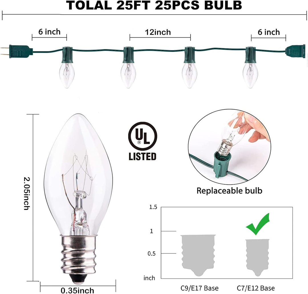 C7 Christmas String Lights, 25Ft Vintage Clear Lights with 27 Clear Incandescent Bulbs (2 Spare), Outdoor String Lights for Backyard Wedding Christmas Party, Green Wire