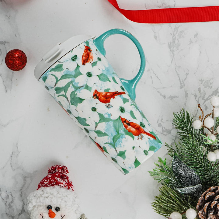 Coffee Ceramic Mug Christmas Mug Porcelain Latte Tea Cup with Lid in Box 17Oz., Cardinal Bird