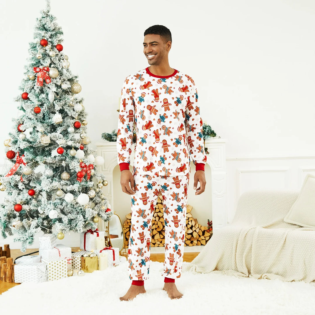 Men’S Pajama Pants Sleep Set Christmas Pajamas Family Matching Long Sleeve Gingerbread Man White Pjs, 2-Piece, Size S
