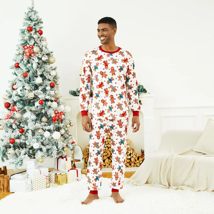 Men’S Pajama Pants Sleep Set Christmas Pajamas Family Matching Long Sleeve Gingerbread Man White Pjs, 2-Piece, Size S