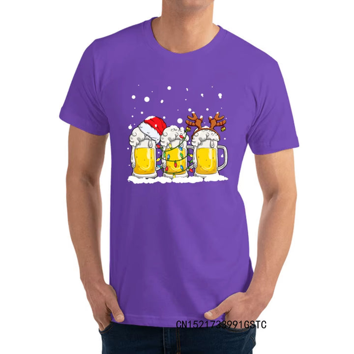 Fashionable Beer Christmas Mug Santa Reinbeer Xmas Lights T-Shirts for Men Popular O Neck Premium Cotton T-Shirts Fashion Tees