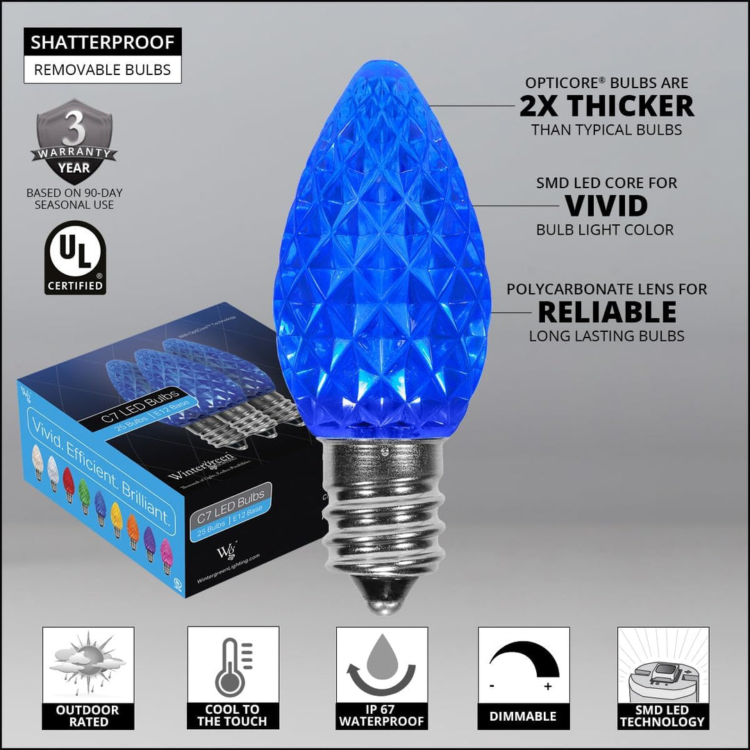 50 C7 Opticore Blue Outdoor Christmas Lights - Commercial Heavy Duty Outdoor House Patio Lights on Green Wire (50 Ft)