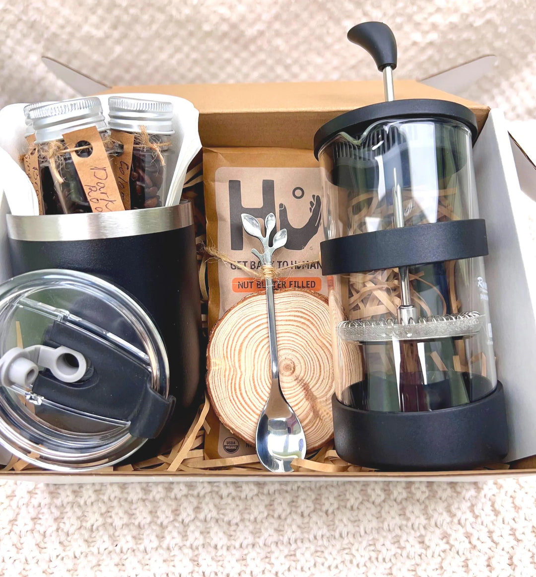 Coffee Lover Gift Box: French Press, Mug & Gourmet Coffee Samples