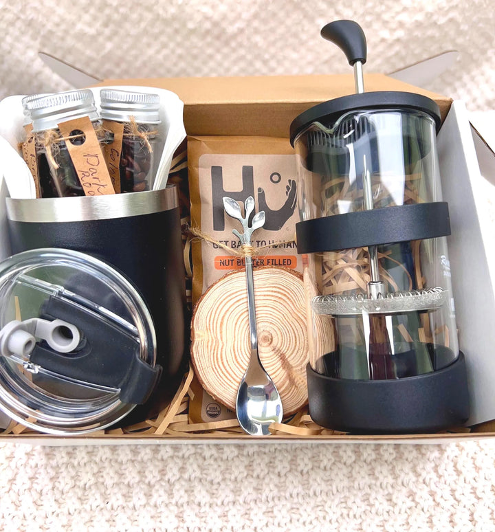 Coffee Lover Gift Box: French Press, Mug & Gourmet Coffee Samples